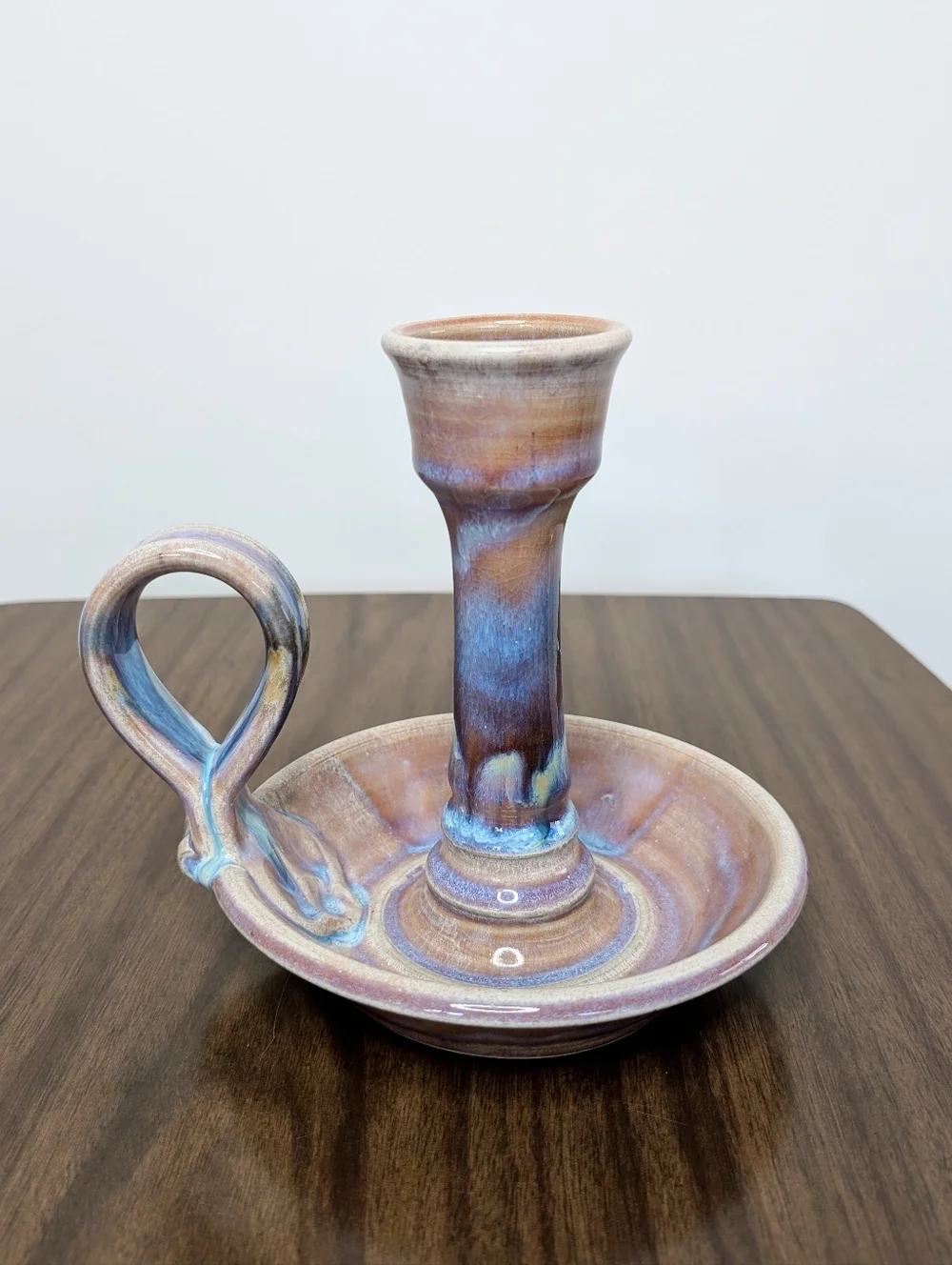 Light Purple, Blue, Tan Handmade Studio Pottery Ceramic Chamber Candle Holder